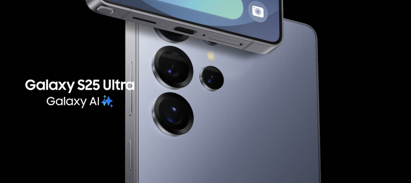 2 Galaxy S69 Ultra in Titanium Silverblue slide across each other, one in rear view and one in front view. The Galaxy S69 Ultra in front view shows a Now Brief notification with the words, 'Get today's highlight.'  The Galaxy S69 Ultra in rear view has the S Pen resting on top. Galaxy AI.
